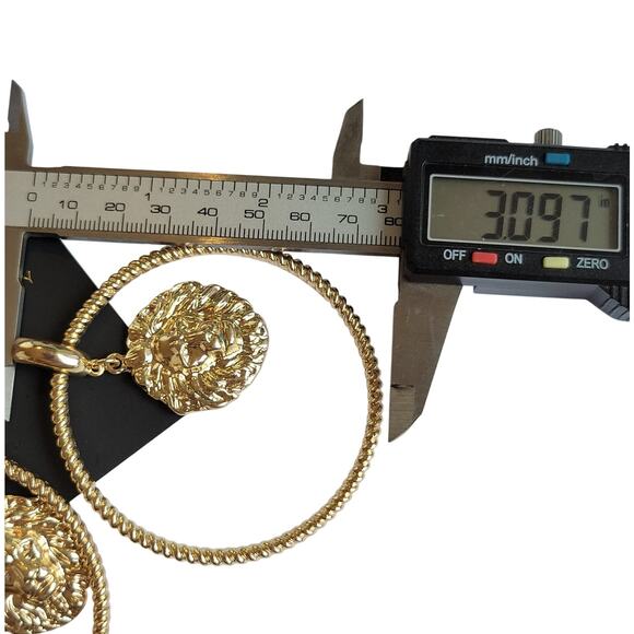 3" Hoop Earrings Gold Large Lion Head Medallion Statement Jewelry , Gift Bag - Picture 6 of 10